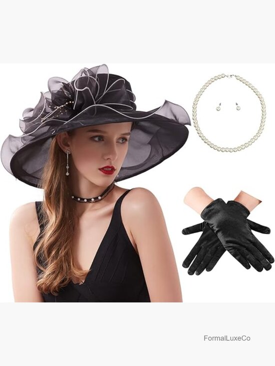 Fascinator Hat Set with Gloves and Pearl Jewelry for Tea Party Wedding main image 4